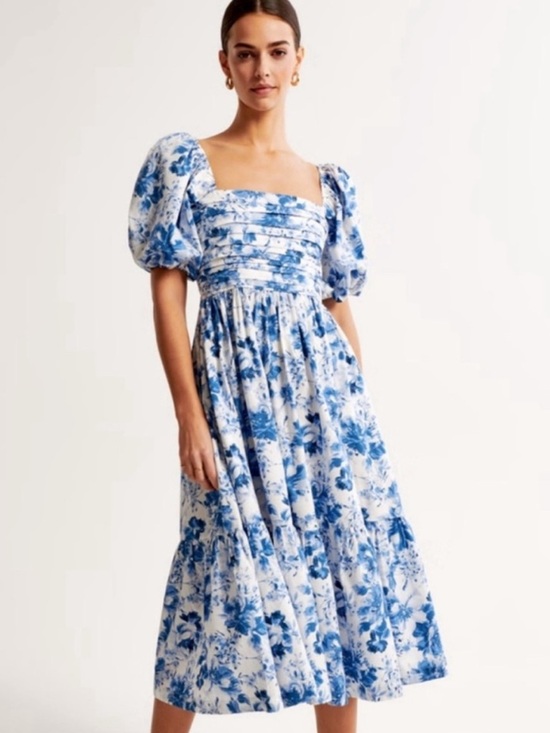 Abercrombie & Fitch Dresses & Skirts - Abercrombie & Fitch Emerson Poplin Puff Sleeve Blue Floral Midi Dress Size Small